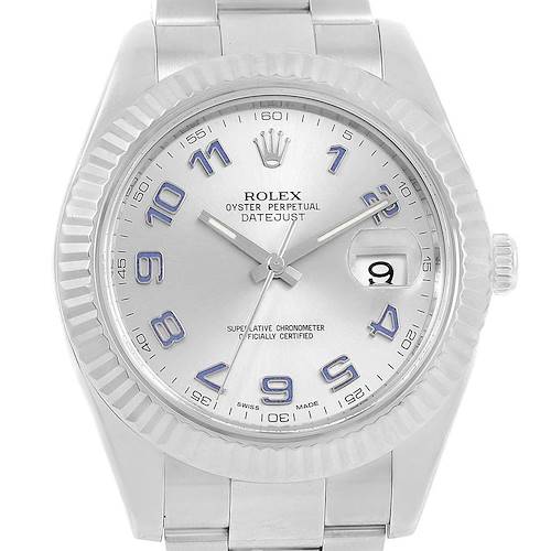 This image shows a front view of the Rolex Datejust 41 116334 Men's Stainless Steel Grey Dial 116334 Men's Stainless Steel Grey Dial watch, highlighting its face, dial, hands, and bracelet.