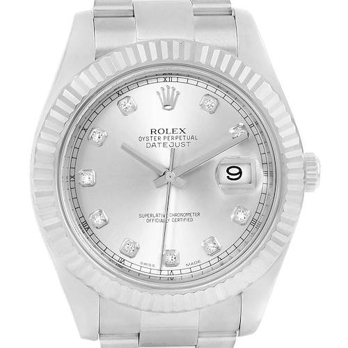 The image shows a front view of the Rolex Datejust 41 116334 Men's Stainless Steel Silver Dial 116334 Men's Stainless Steel Silver Dial watch, highlighting its face, bezel, markers, and date window.