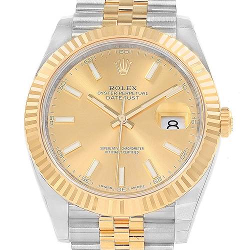 The image shows a front view of the Rolex Datejust 41 126333 Men's Steel and Gold (two tone) Champagne Dial 126333 Men's Steel and Gold (two tone) Champagne Dial watch, highlighting the dial, bezel, hands, and part of the bracelet.