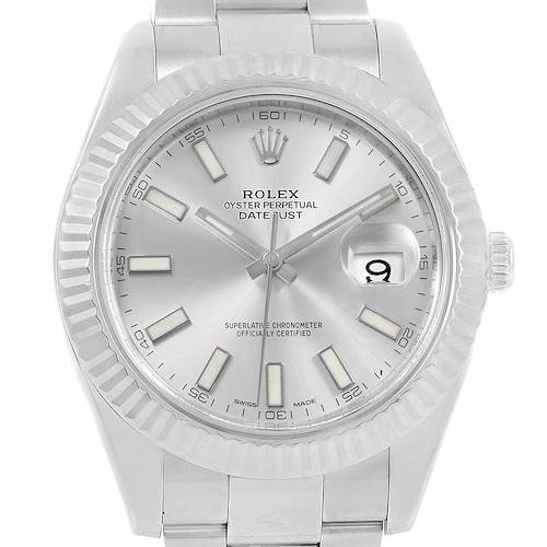The image shows the front view of the Rolex Datejust 41 116334 Men's Stainless Steel Silver Dial 116334 Men's Stainless Steel Silver Dial watch, highlighting its dial, hands, date window, and bezel.