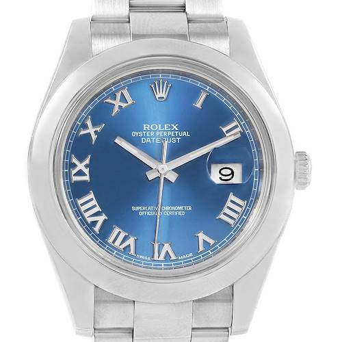 The image shows a front view of the Rolex Datejust 41 116300 Men's Stainless Steel Blue Dial 116300 Men's Stainless Steel Blue Dial watch, highlighting its blue dial, Roman numerals, and date window.