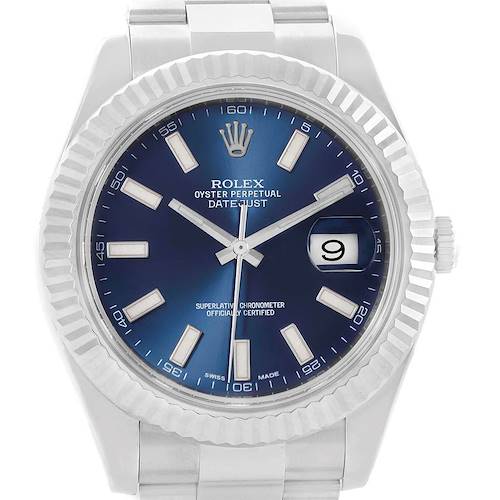 This image shows a frontal view of the Rolex Datejust 41 116334 Men's Stainless Steel Blue Dial 116334 Men's Stainless Steel Blue Dial watch, highlighting its blue dial, fluted bezel, and date window.