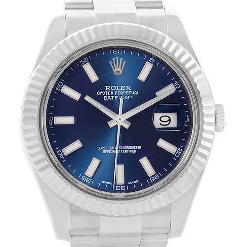 The image shows a frontal view of a Rolex Datejust 41 116334 Men's Stainless Steel Blue Dial 116334 Men's Stainless Steel Blue Dial, displaying the dial, bezel, and part of the bracelet.
