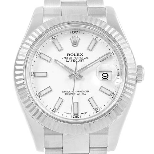 This image shows a frontal view of the Rolex Datejust 41 116334 Men's Stainless Steel White Dial 116334 Men's Stainless Steel White Dial watch, displaying the dial, bezel, and part of the bracelet.