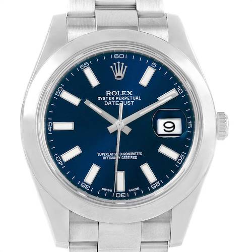 The Rolex Datejust 41 116300 Men's Stainless Steel Blue Dial 116300 Men's Stainless Steel Blue Dial watch is shown from a front angle, highlighting its dial, bezel, and part of the bracelet.