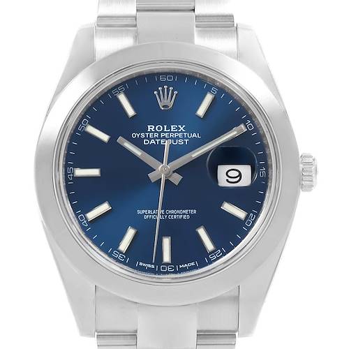 The image shows the front view of a Rolex Datejust 41 126300 Men's Stainless Steel Blue Dial 126300 Men's Stainless Steel Blue Dial watch, featuring a blue dial, date window, silver hour markers, and stainless steel bracelet.