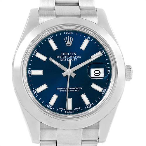 The image shows a front view of the Rolex Datejust 41 116300 Men's Stainless Steel Blue Dial 116300 Men's Stainless Steel Blue Dial watch, displaying its dial, bezel, and part of the bracelet.