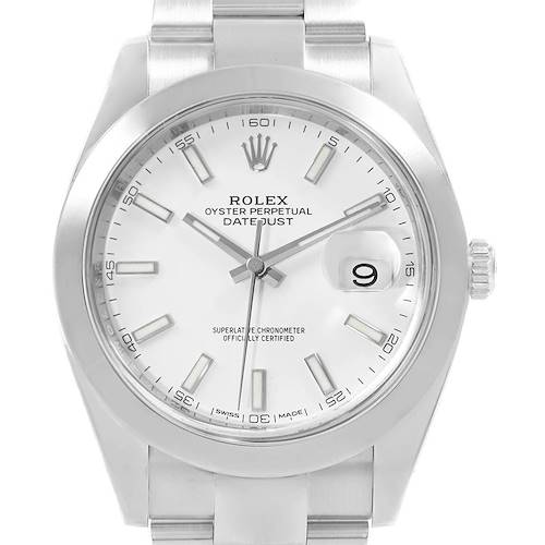This image shows a frontal view of the Rolex Datejust 41 126300 Men's Stainless Steel White Dial 126300 Men's Stainless Steel White Dial watch, featuring its white dial, hour markers, and date window.