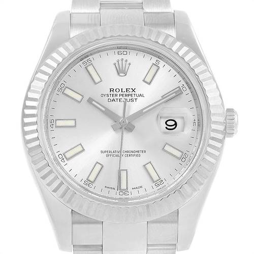 The image shows a front view of the dial, bezel, crown, and part of the bracelet of the Rolex Datejust 41 116334 Men's Stainless Steel Silver Dial 116334 Men's Stainless Steel Silver Dial watch.