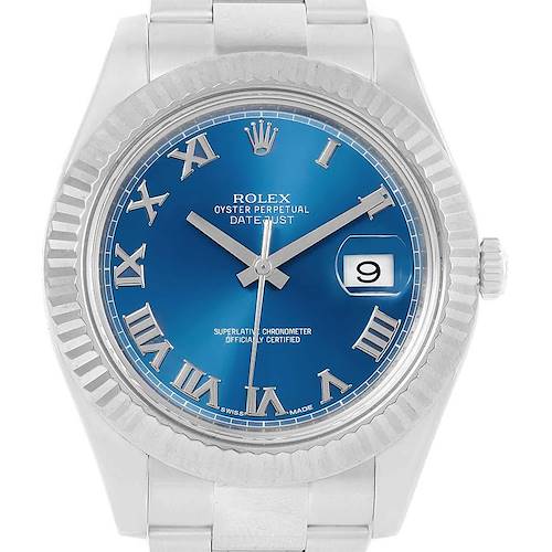 This image shows a front view of the Rolex Datejust 41 116334 Men's Stainless Steel Blue Dial 116334 Men's Stainless Steel Blue Dial watch, highlighting its blue dial, Roman numerals, and date display.