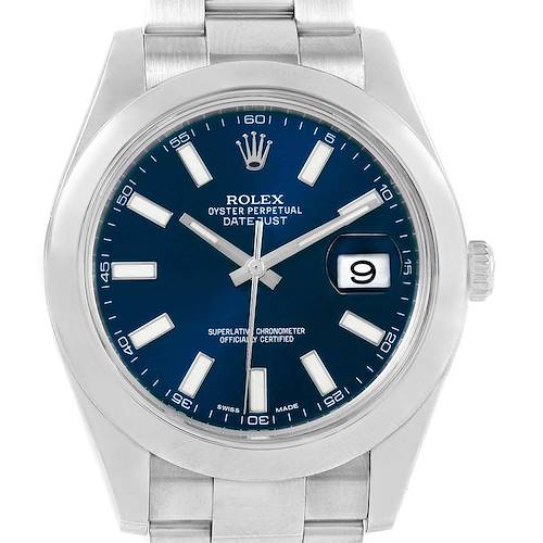 The Rolex Datejust 41 116300 Men's Stainless Steel Blue Dial 116300 Men's Stainless Steel Blue Dial watch is shown from a front angle, highlighting the blue dial, hour markers, hands, date display, and part of the bracelet.