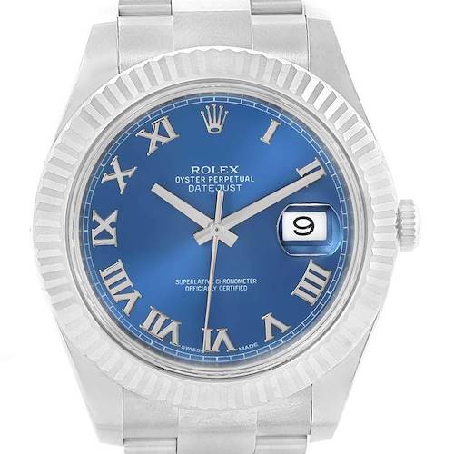 The Rolex Datejust 41 116334 Men's Stainless Steel Blue Dial 116334 Men's Stainless Steel Blue Dial watch is shown from a direct front angle, highlighting the blue dial and Roman numeral markers.