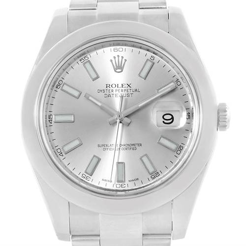 This is a front view of the Rolex Datejust 41 116300 Men's Stainless Steel Silver Dial 116300 Men's Stainless Steel Silver Dial model, showing the dial, hands, date window, and part of the bracelet.