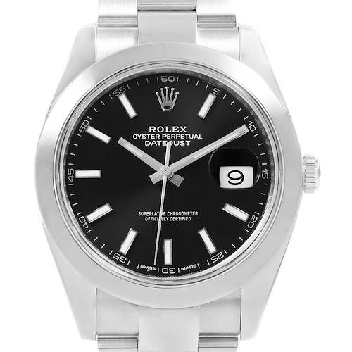 The image shows a frontal view of the Rolex Datejust 41 126300 Men's Stainless Steel Black Dial 126300 Men's Stainless Steel Black Dial watch, displaying its black dial, date window, and stainless steel bracelet.