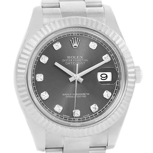 The image shows a face-front view of the Rolex Datejust 41 116334 Men's Stainless Steel Grey Dial 116334 Men's Stainless Steel Grey Dial watch, displaying the dial, hands, date window, and bezel.