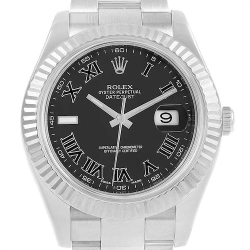 This is a close-up front view of a Rolex Datejust 41 116334 Men's Stainless Steel Grey Dial 116334 Men's Stainless Steel Grey Dial watch, showing the dial, hands, date window, and part of the bracelet.