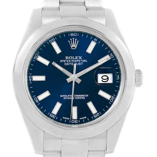 This image shows a front view of a Rolex Datejust 41 116300 Men's Stainless Steel Blue Dial 116300 Men's Stainless Steel Blue Dial watch, highlighting its blue dial, silver hands, index markers, and date window.