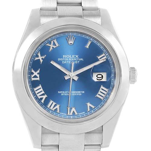 This image shows a front view of a Rolex Datejust 41 116300 Men's Stainless Steel Blue Dial 116300 Men's Stainless Steel Blue Dial watch, highlighting its blue dial, Roman numerals, date window, and stainless steel bracelet.