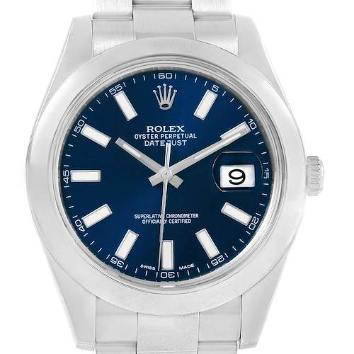 This image shows a front view of the Rolex Datejust 41 116300 Men's Stainless Steel Blue Dial 116300 Men's Stainless Steel Blue Dial model, highlighting the blue dial, date window, and stainless steel bracelet.