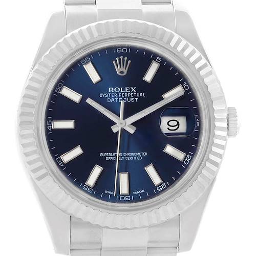 This image shows a front view of the Rolex Datejust 41 116334 Men's Stainless Steel Blue Dial 116334 Men's Stainless Steel Blue Dial watch, highlighting its blue dial, fluted bezel, and bracelet.