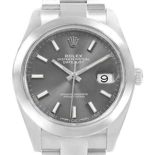 This image shows a front view of a Rolex Datejust 41 126300 Men's Stainless Steel Grey Dial 126300 Men's Stainless Steel Grey Dial watch, featuring its face, bezel, crown, and part of the bracelet.