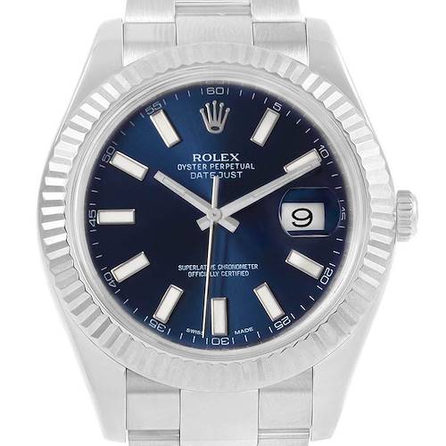 This image shows a front view of the Rolex Datejust 41 116334 Men's Stainless Steel Blue Dial 116334 Men's Stainless Steel Blue Dial watch, displaying its dial, hands, date window, and bezel.