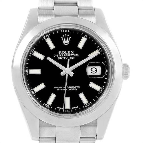 The image shows a front view of a Rolex Datejust 41 116300 Men's Stainless Steel Black Dial 116300 Men's Stainless Steel Black Dial watch, highlighting its dial, hands, date window, and bracelet.