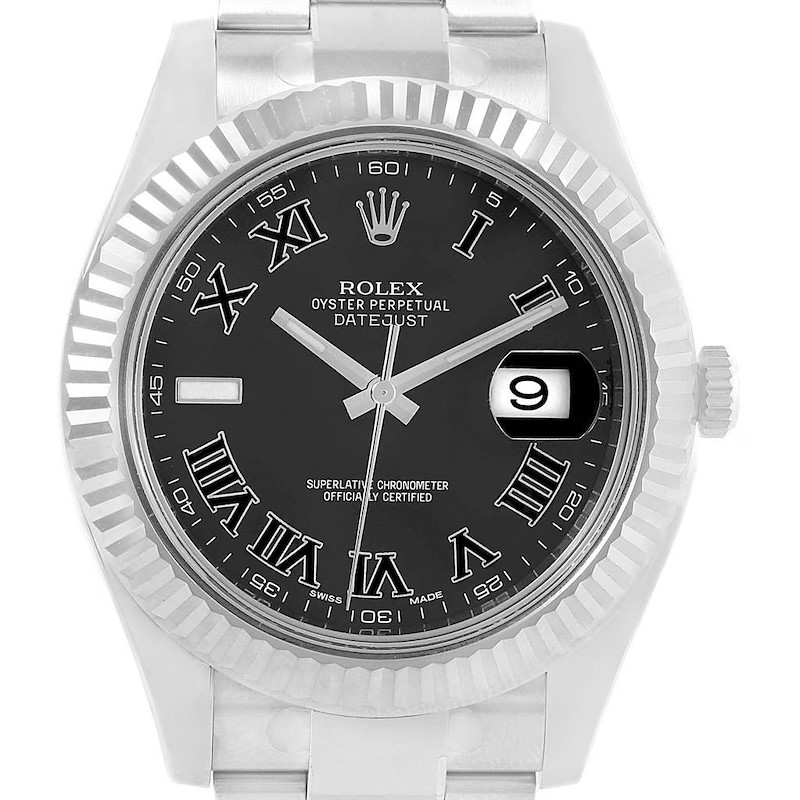 This image shows a front view of the Rolex Datejust 41 116334 Men's Stainless Steel Grey Dial 116334 Men's Stainless Steel Grey Dial watch, highlighting the black dial, Roman numerals, and date window.