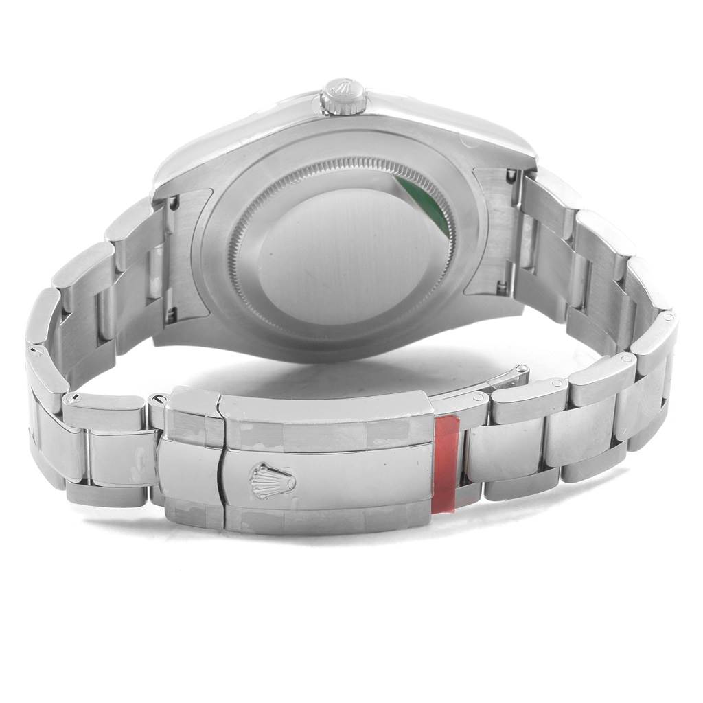 The Rolex Datejust 41 116334 Men's Stainless Steel Grey Dial 116334 Men's Stainless Steel Grey Dial watch is shown from the back, highlighting the case back, bracelet, and clasp.