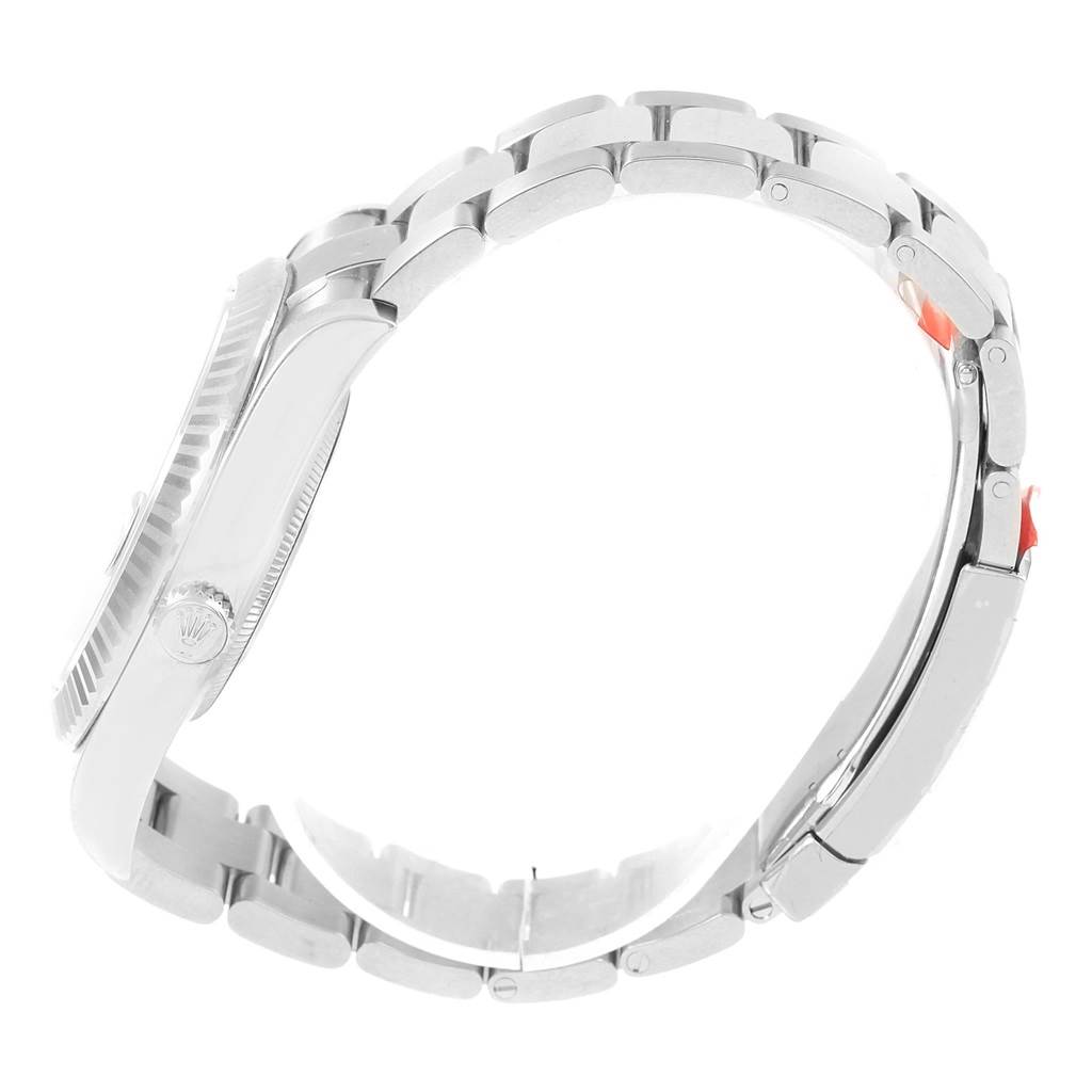 This side view of the Rolex Datejust 41 116334 Men's Stainless Steel Grey Dial 116334 Men's Stainless Steel Grey Dial model showcases the bracelet, clasp, and watch crown.