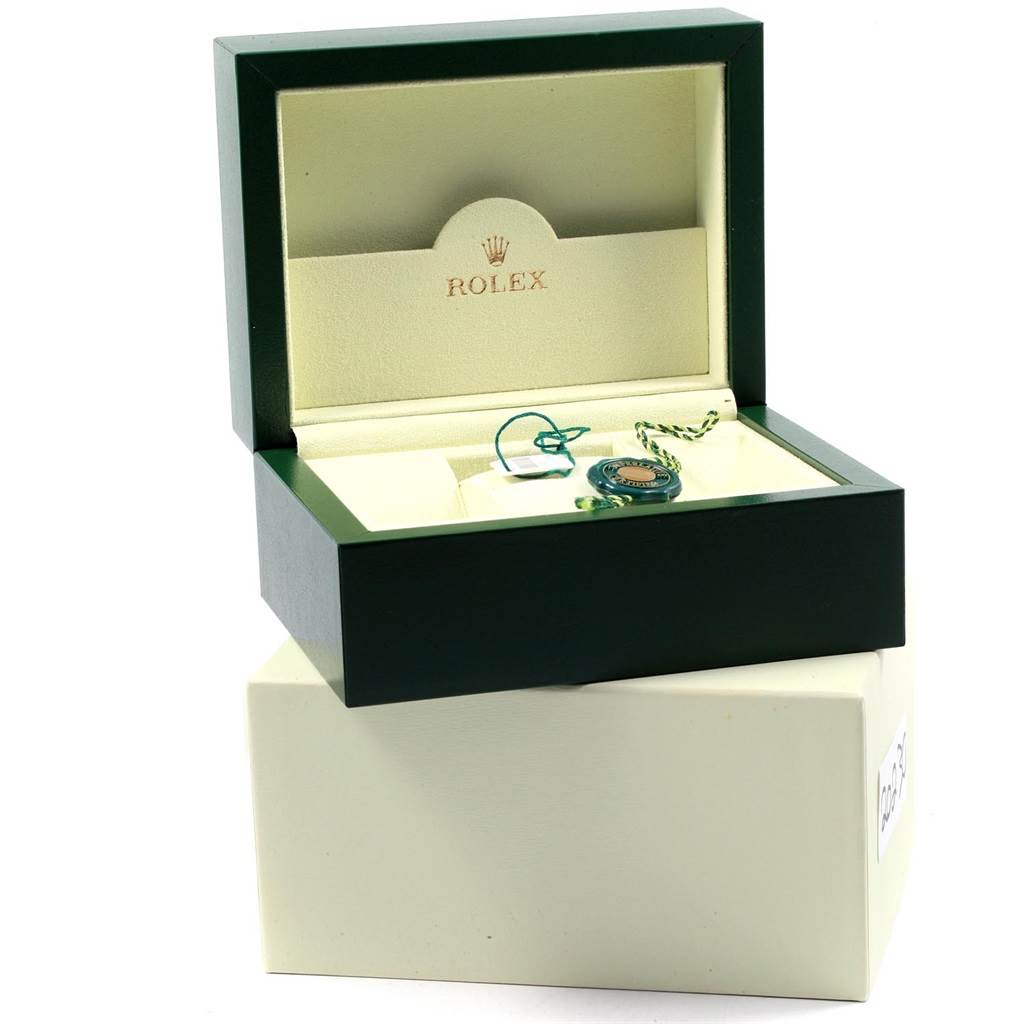 The image shows an open box for a Rolex Datejust 41 116334 Men's Stainless Steel Grey Dial 116334 Men's Stainless Steel Grey Dial, displaying tags and accessories but not the actual watch.