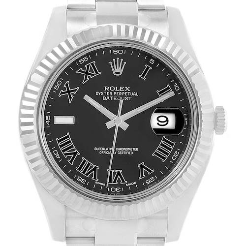 The image shows a front view of the Rolex Datejust 41 116334 Men's Stainless Steel Grey Dial 116334 Men's Stainless Steel Grey Dial watch, highlighting its black dial, Roman numerals, and date display.