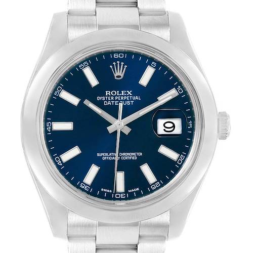 This image shows a front view of the Rolex Datejust 41 116300 Men's Stainless Steel Blue Dial 116300 Men's Stainless Steel Blue Dial, featuring its blue dial, date window, and Oystersteel bracelet.
