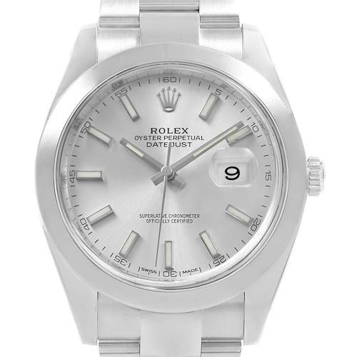 The image shows a front view of a Rolex Datejust 41 126300 Men's Stainless Steel Silver Dial 126300 Men's Stainless Steel Silver Dial watch with a silver dial and date window at 3 o'clock.
