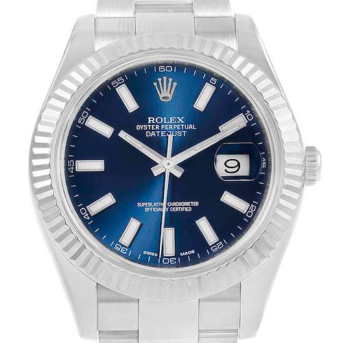 The image shows a front view of the dial, bezel, and part of the band of a Rolex Datejust 41 116334 Men's Stainless Steel Blue Dial 116334 Men's Stainless Steel Blue Dial watch.