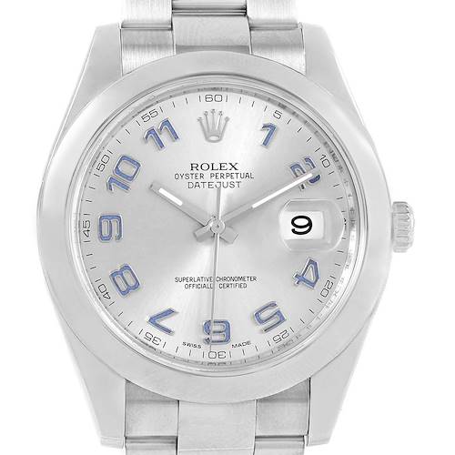 The image shows a frontal view of the Rolex Datejust 41 116300 Men's Stainless Steel Silver Dial 116300 Men's Stainless Steel Silver Dial model, displaying the dial, hands, date window, and part of the bracelet.