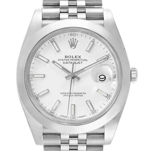 The image shows a front view of the Rolex Datejust 41 126300 Men's Stainless Steel White Dial 126300 Men's Stainless Steel White Dial, displaying the dial, hands, date window, and part of the bracelet.