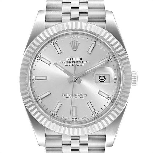 The image shows a frontal view of a Rolex Datejust 41 126334 Men's Stainless Steel Silver Dial 126334 Men's Stainless Steel Silver Dial watch, featuring its dial, hands, date window, and Jubilee bracelet.