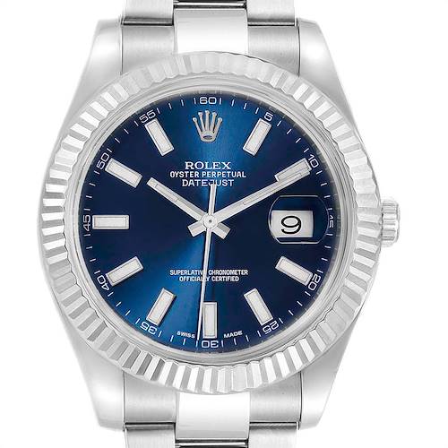 This image shows a front view of a Rolex Datejust 41 116334 Men's Stainless Steel Blue Dial 116334 Men's Stainless Steel Blue Dial watch, highlighting its blue dial, date window, and stainless steel bracelet.