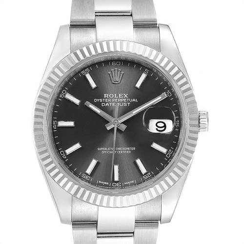 This image shows the front view of the Rolex Datejust 41 126334 Men's Stainless Steel Grey Dial 126334 Men's Stainless Steel Grey Dial, highlighting its dial, bezel, and bracelet.