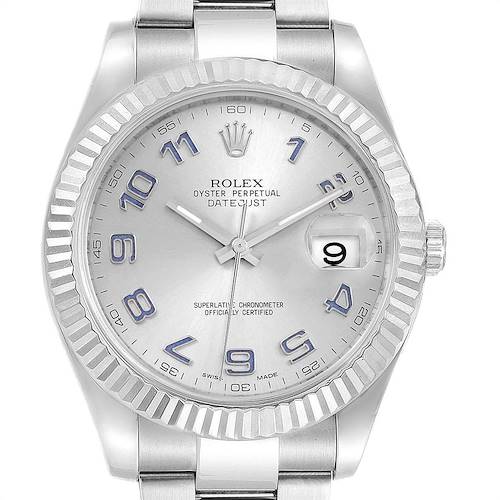 This top-down image shows the face and part of the band of a Rolex Datejust 41 116334 Men's Stainless Steel Grey Dial 116334 Men's Stainless Steel Grey Dial watch.