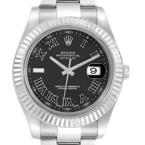 The image shows a front view of a Rolex Datejust 41 116334 Men's Stainless Steel Grey Dial 116334 Men's Stainless Steel Grey Dial watch, highlighting the dial, bezel, and part of the bracelet.