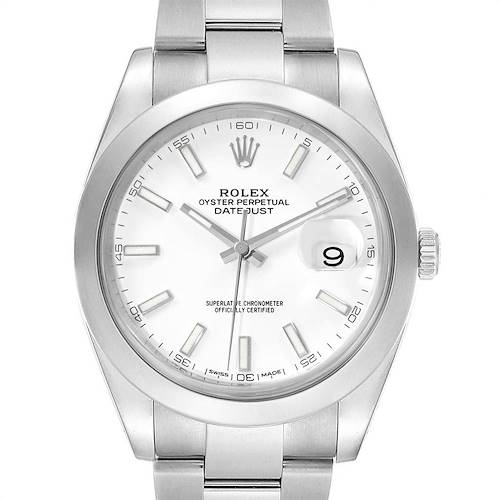 The image shows a frontal view of the Rolex Datejust 41 126300 Men's Stainless Steel White Dial 126300 Men's Stainless Steel White Dial model, highlighting the dial, hands, date window, and part of the bracelet.