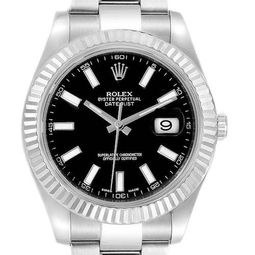 The image shows a Rolex Datejust 41 116334 Men's Stainless Steel Black Dial 116334 Men's Stainless Steel Black Dial watch from the front, highlighting the dial, hands, date display, and bezel.