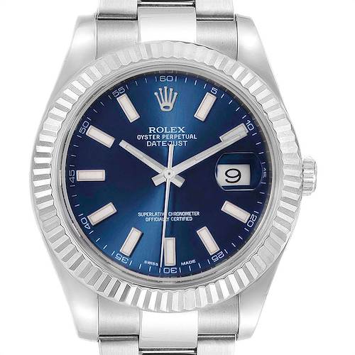 The image shows the Rolex Datejust 41 116334 Men's Stainless Steel Blue Dial 116334 Men's Stainless Steel Blue Dial watch from a front angle, highlighting its blue dial, fluted bezel, and date window.