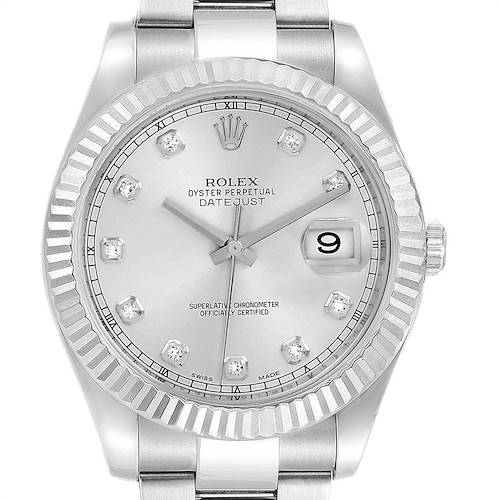 The image shows a front view of the Rolex Datejust 41 116334 Men's Stainless Steel Silver Dial 116334 Men's Stainless Steel Silver Dial watch, displaying the dial, bezel, crown, and part of the bracelet.