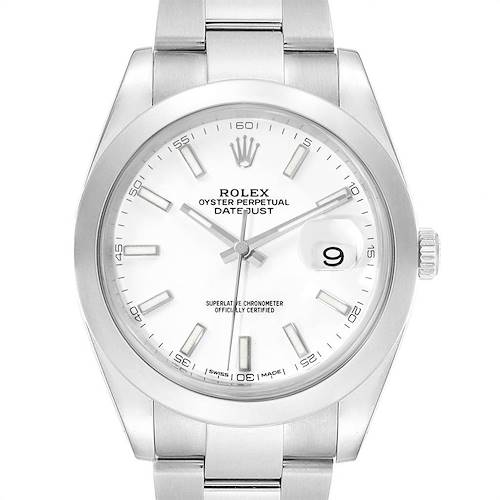 The image shows a front view of a Rolex Datejust 41 126300 Men's Stainless Steel White Dial 126300 Men's Stainless Steel White Dial watch, highlighting its white dial, date window, and stainless steel bracelet.