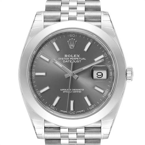 The image shows a front view of the Rolex Datejust 41 126300 Men's Stainless Steel Grey Dial 126300 Men's Stainless Steel Grey Dial watch, highlighting the face, date window, and part of the bracelet.