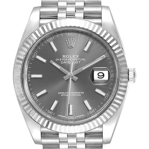The image shows a front view of the Rolex Datejust 41 126334 Men's Stainless Steel Grey Dial 126334 Men's Stainless Steel Grey Dial watch, featuring its dial, bezel, hands, and part of the bracelet.