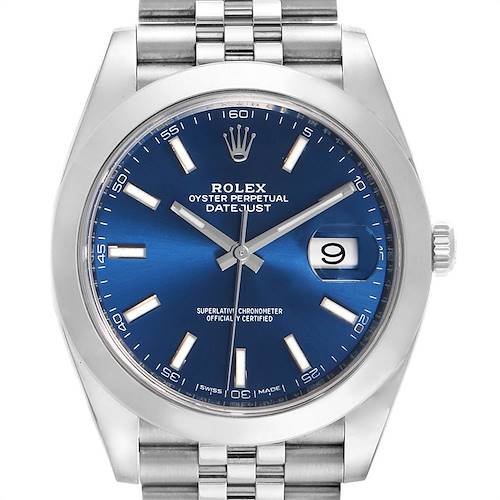The image shows a front view of the Rolex Datejust 41 126300 Men's Stainless Steel Blue Dial 126300 Men's Stainless Steel Blue Dial watch, highlighting its blue dial, hour markers, date window, and metal bracelet.